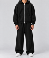Black Boxy Double Zip Hoodie & Sweatpants Combo Set – 360 GSM Cotton Fleece