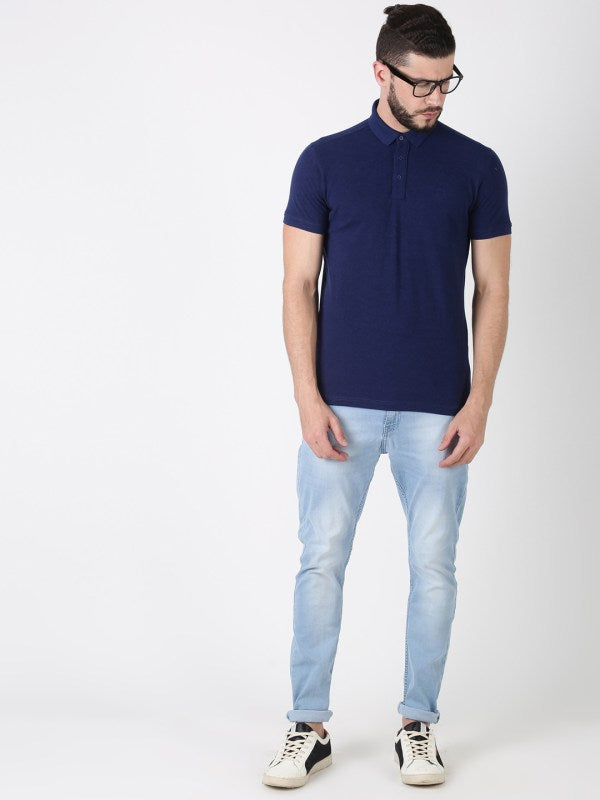 Men Plain Blue Cotton Polo T-shirt