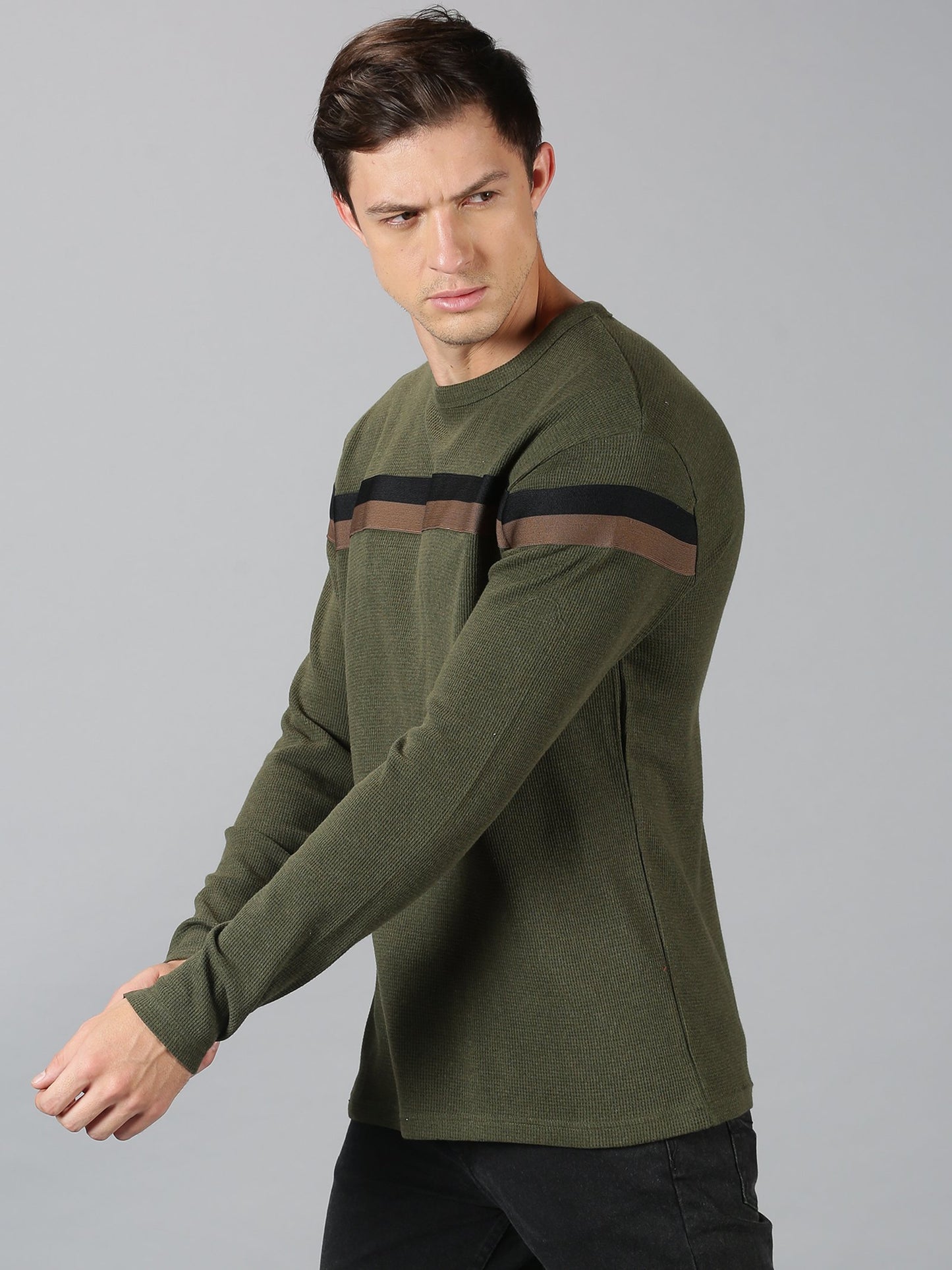 Men Chest Tape Green Round Neck Sweatshirt