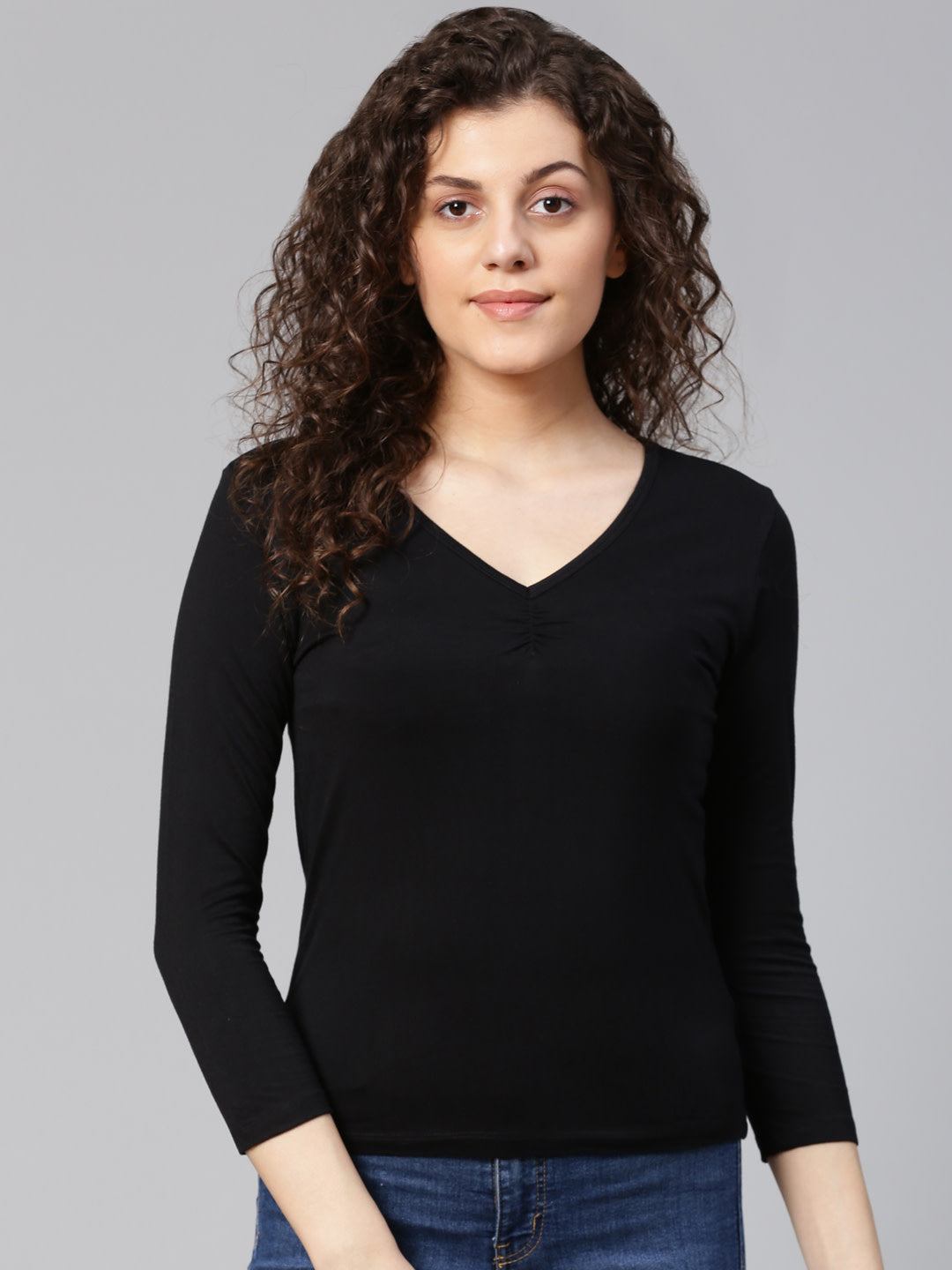 Women Solid Black V-Neck T-shirt