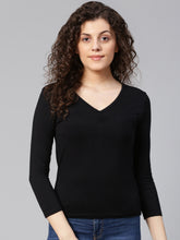 Women Solid Black V-Neck T-shirt