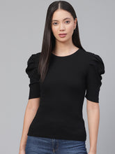 Women Puff Sleeve Black Top