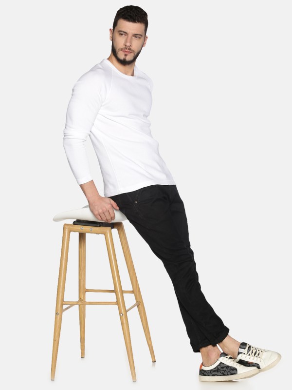 Men Solid White Cotton Crew Neck Pullover Sweatshirt
