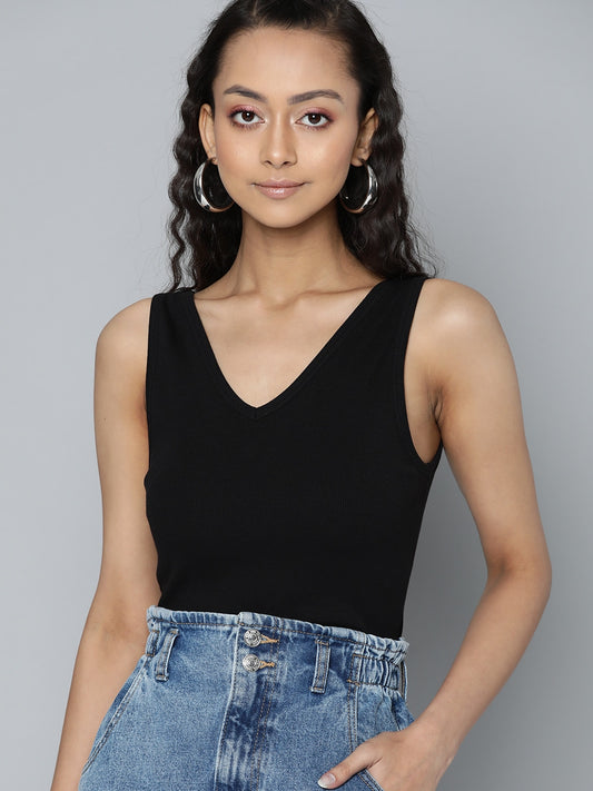 Women V-Neck Ribbed Fitted Black Crop Top