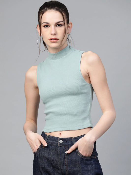 Women Ribbed Crop Top Sea Green