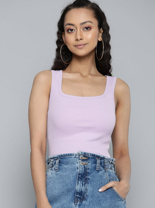Women Ribbed Fitted Lavander Crop Top