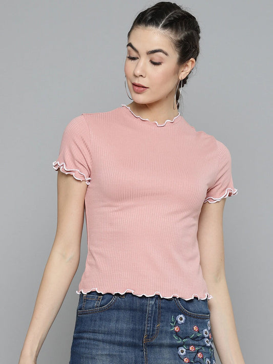 Women Solid Pink Ribbed Top