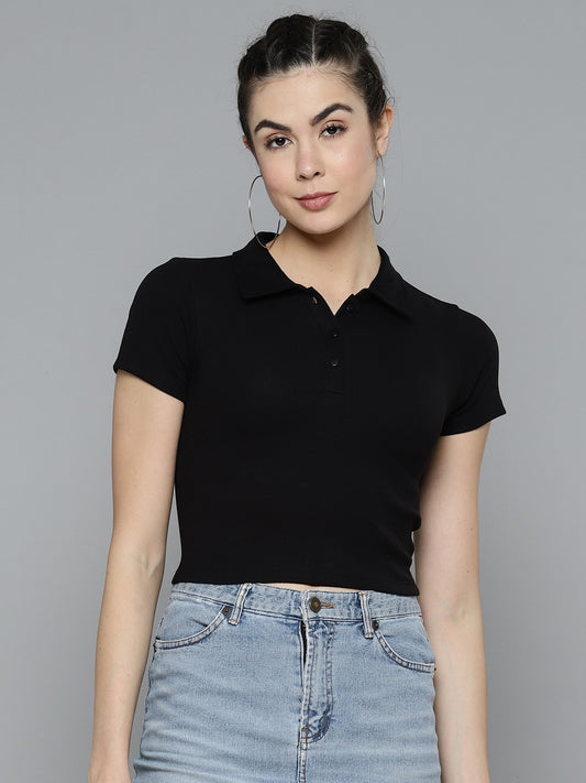 Women Solid Black Polo Collar T-shirt