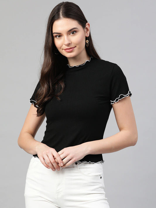 Women Solid Black Ribbed Top