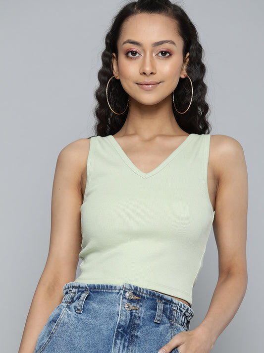 Women V-Neck Ribbed Fitted Green Crop Top