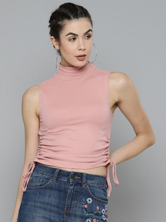 Women Ribbed Pink Crop Top