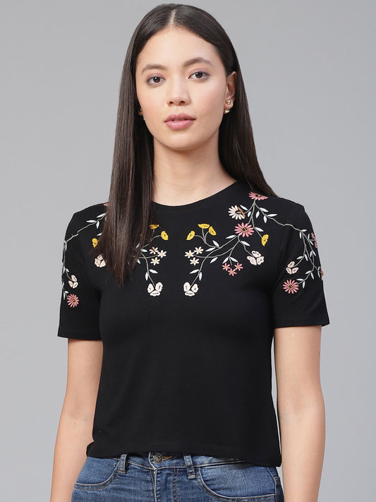 Women's Embroided Black Crop Top