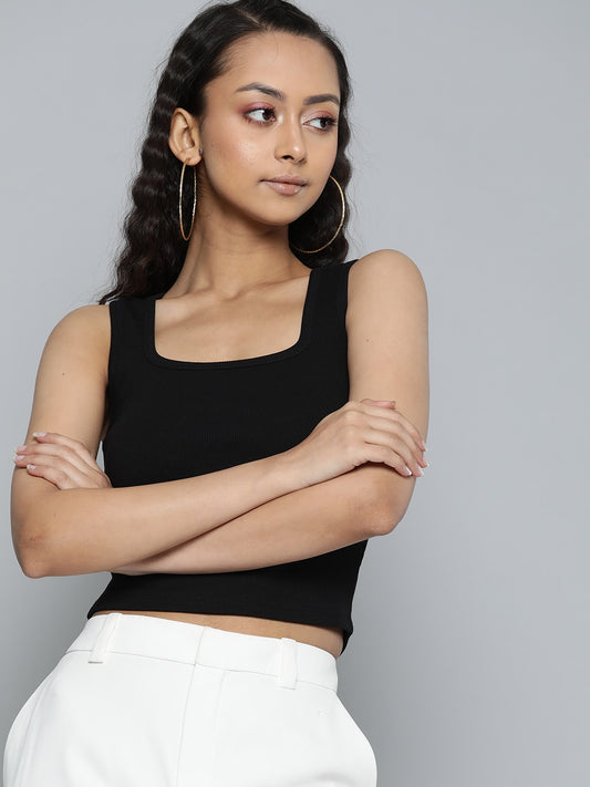 Women Ribbed Fitted Black Crop Top