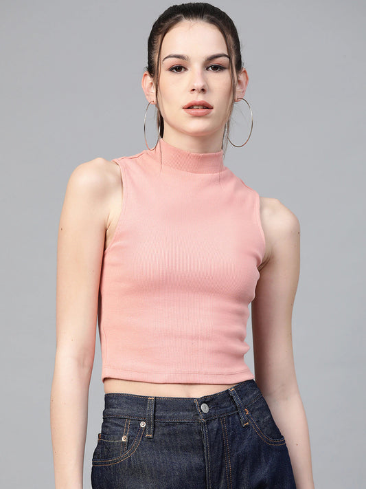 Women Ribbed Crop Top Peach
