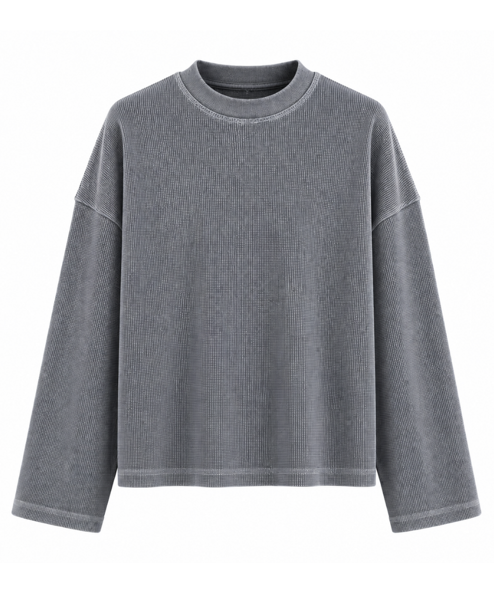 Acid Wash & Black Waffle Knit Oversized Full Sleeve T-Shirt – Pack of 2