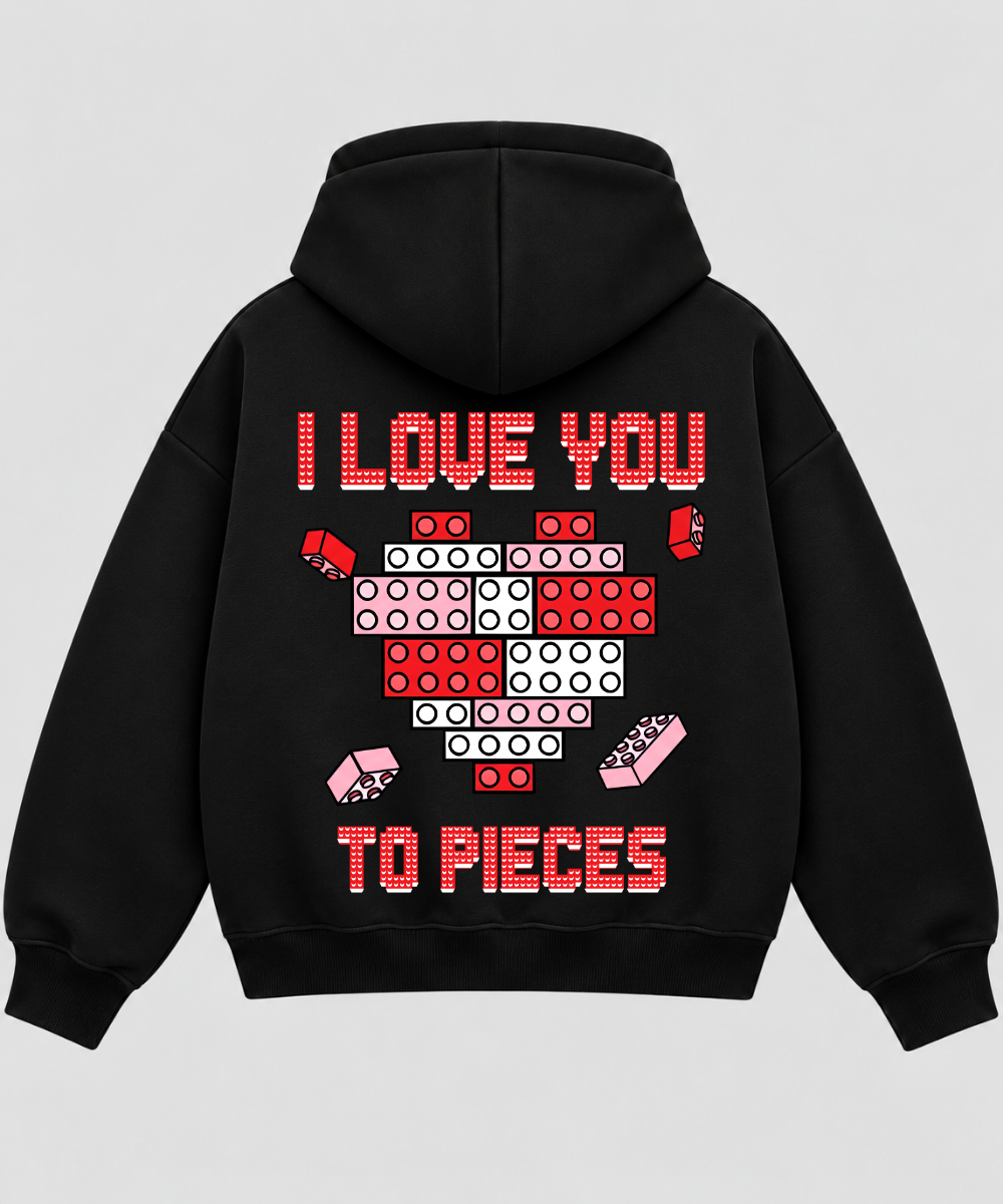 I Love You To Pieces – Black Boxy Hoodie – 100% Cotton Fleece