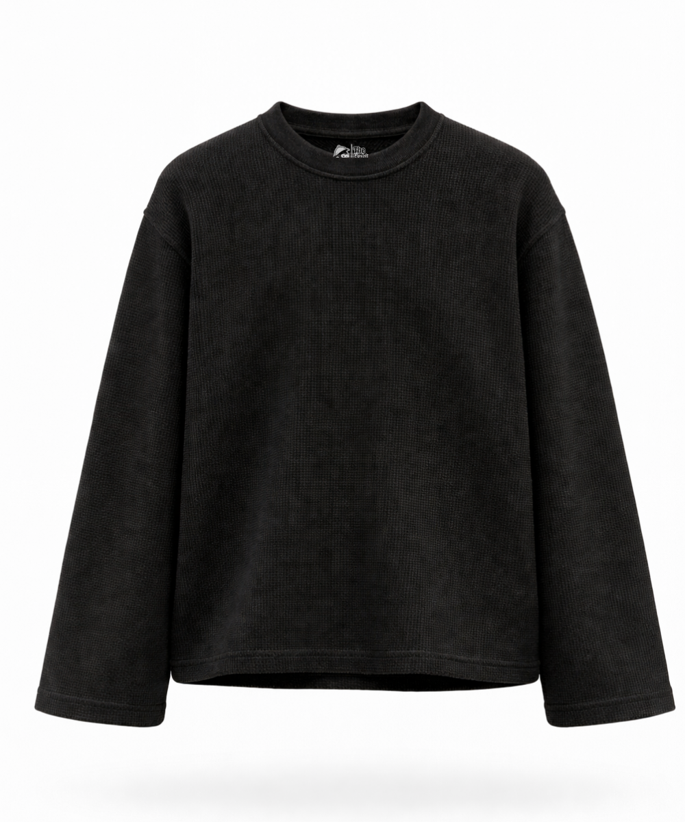Acid Wash & Black Waffle Knit Oversized Full Sleeve T-Shirt – Pack of 2
