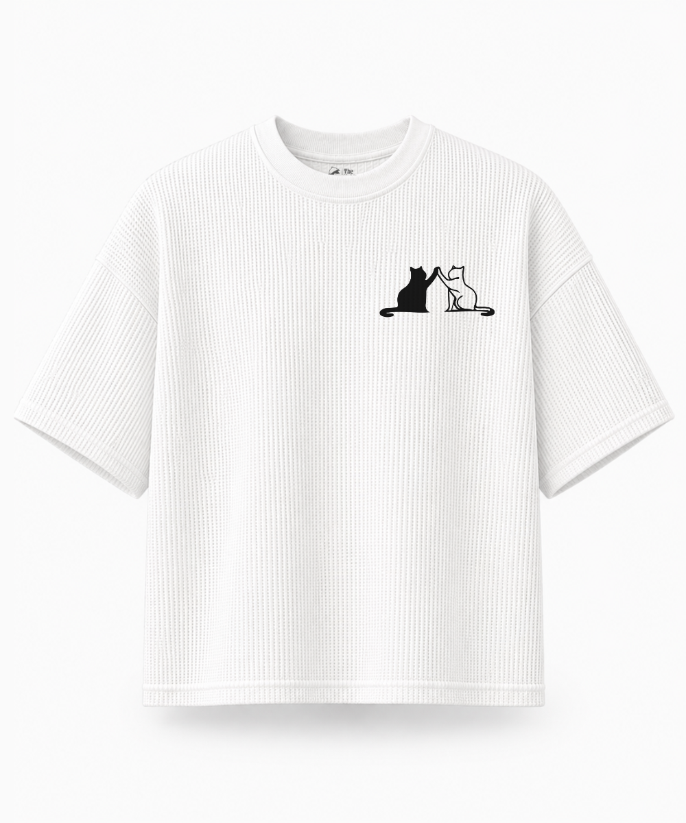 Cat's High Five — Waffle Knit Boxy Oversized T-shirt