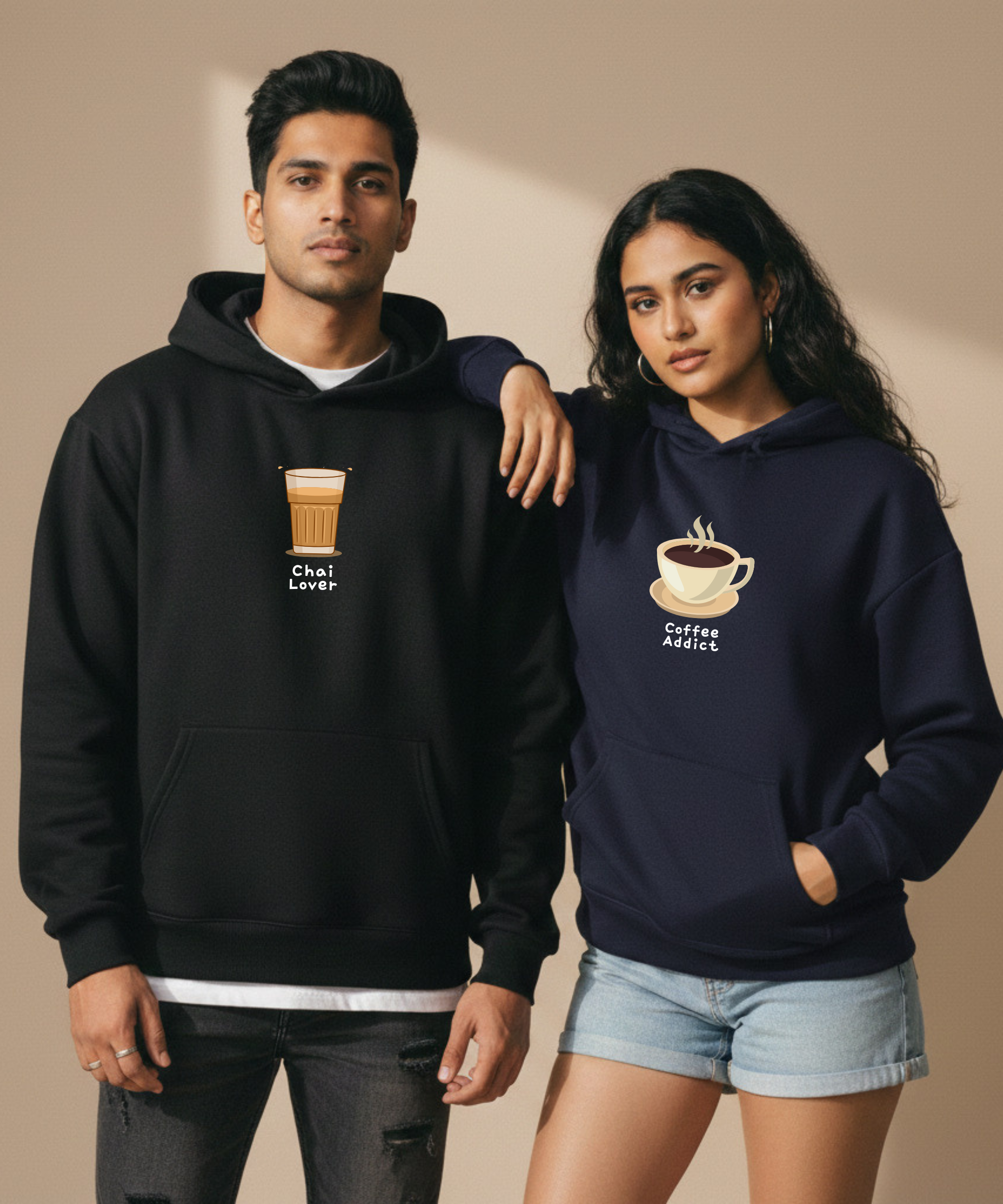 Chai Lover / Coffee Addict – Couple Oversized Hoodies (Set of 2) | Premium 400 GSM