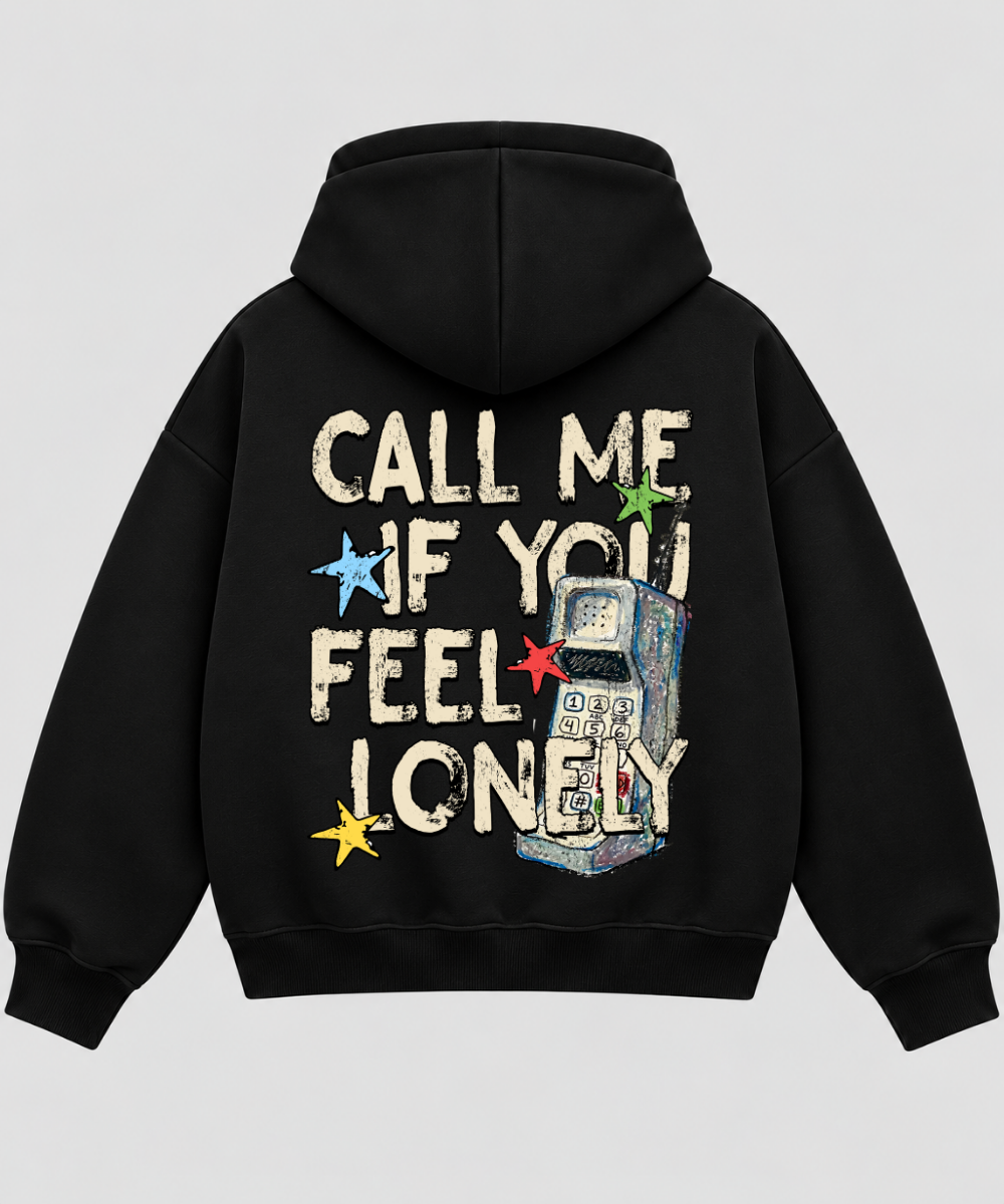 Call Me If You Feel Lonely – Black Boxy Hoodie – 100% Cotton Fleece