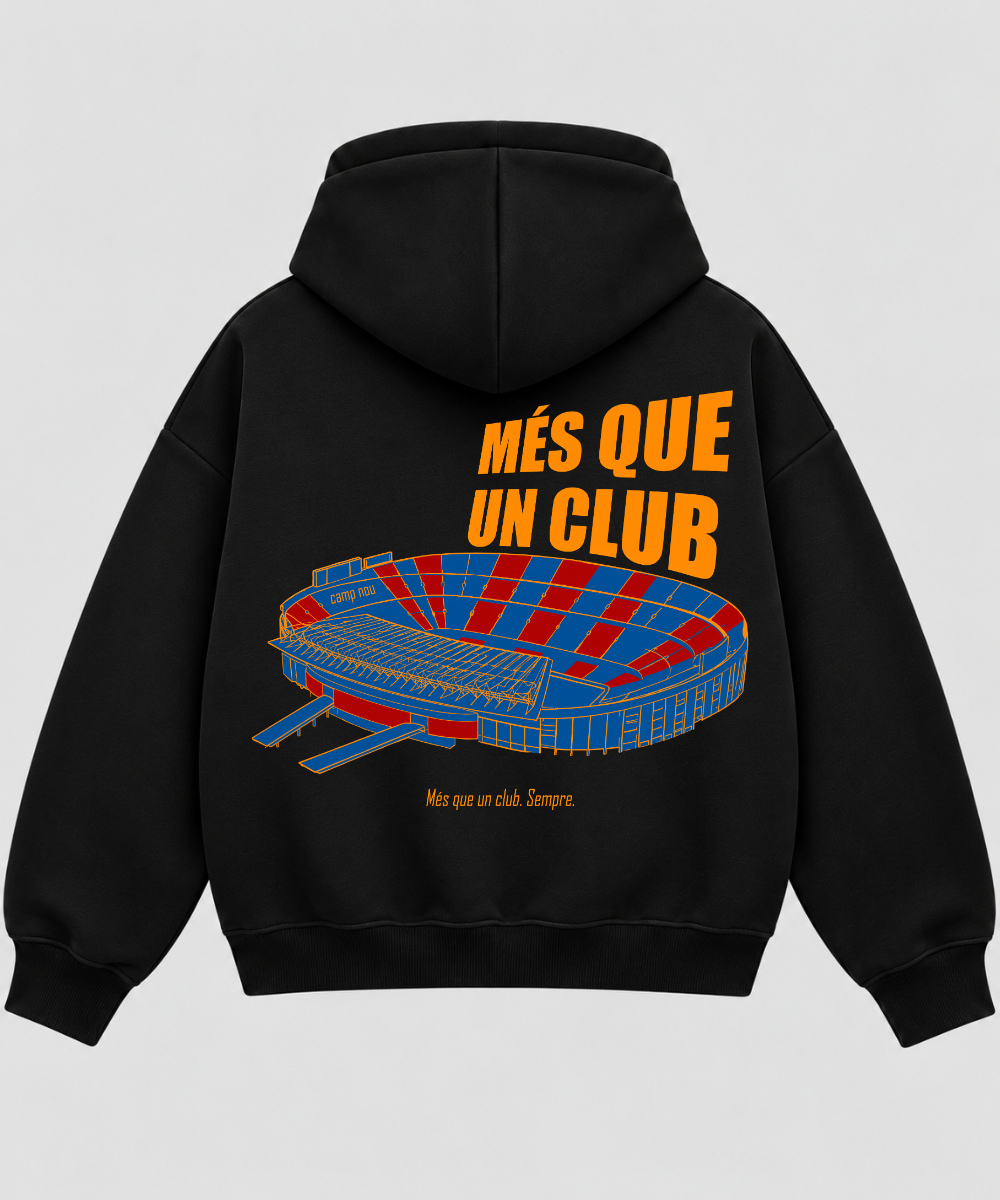Barcelona — Més Que Un Club – Black Boxy Hoodie – 100% Cotton Fleece