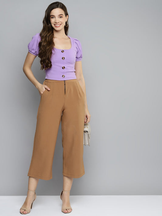 Women Puff Sleeve Solid Lavender Top