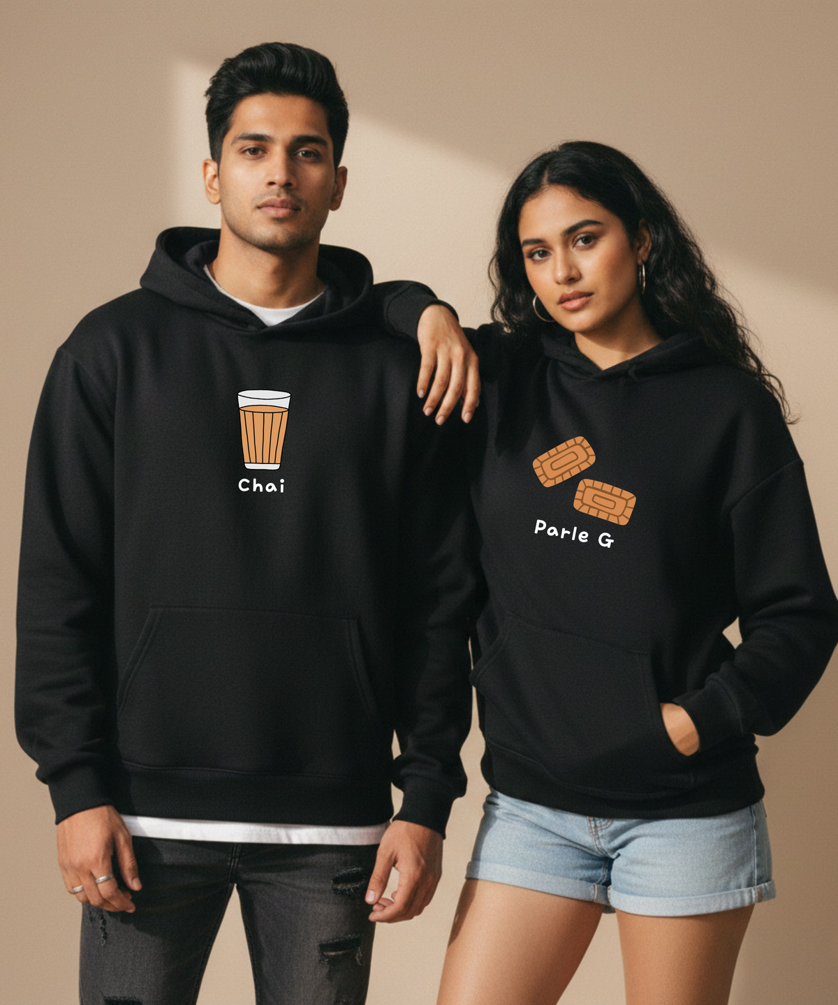 Chai / Parle G – Couple Oversized Hoodies (Set of 2) | Premium 400 GSM
