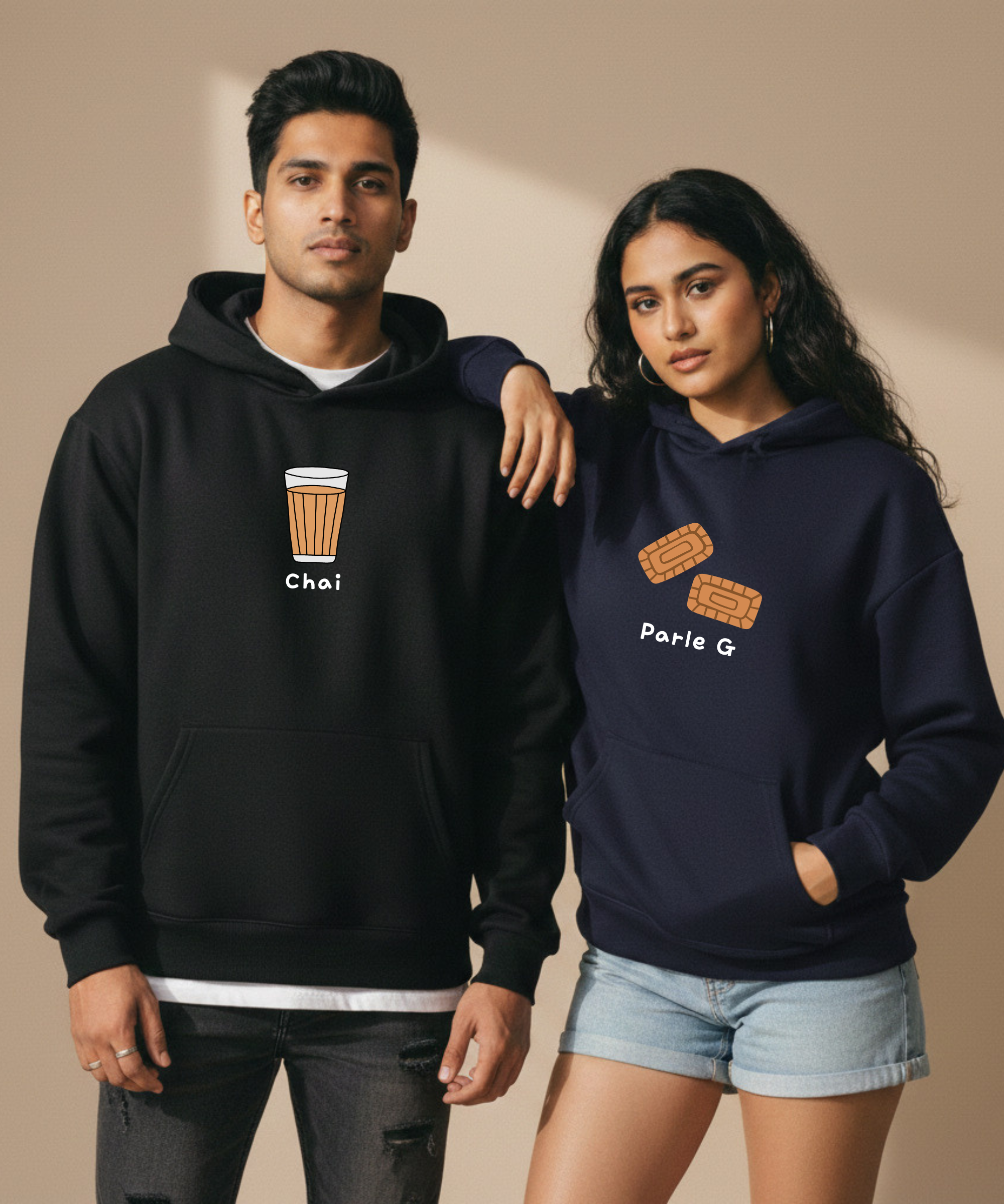 Chai / Parle G – Couple Oversized Hoodies (Set of 2) | Premium 400 GSM