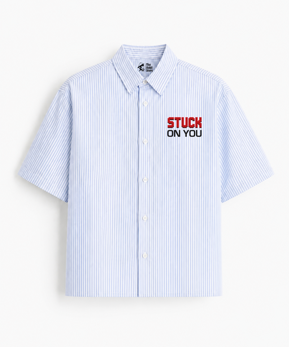 I Love You To Pieces - Blue Striped Boxy Fit Half Sleeve Shirt