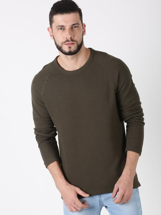Men Solid Olive Cotton Crew Neck Pullover Sweatshirt