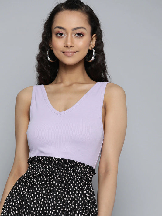 Women V-Neck Ribbed Fitted Lavender Crop Top