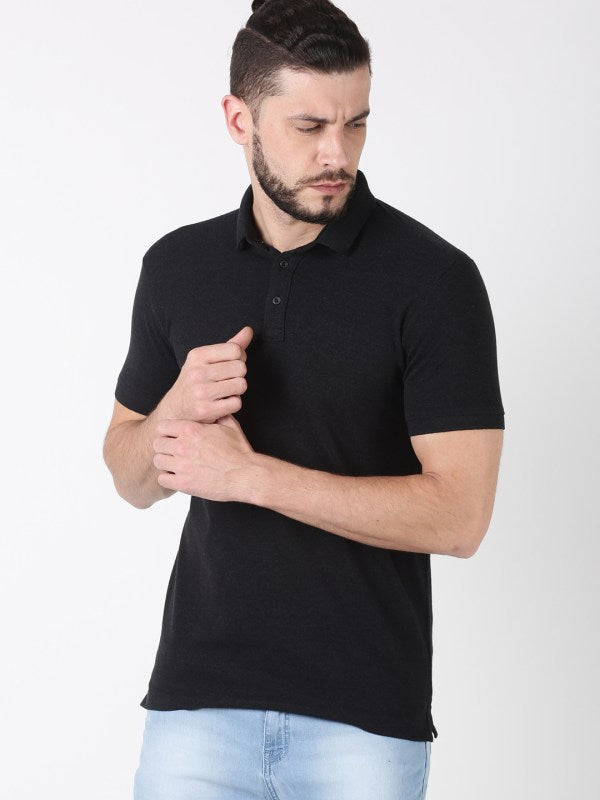 Men Plain Black Cotton Polo T-shirt