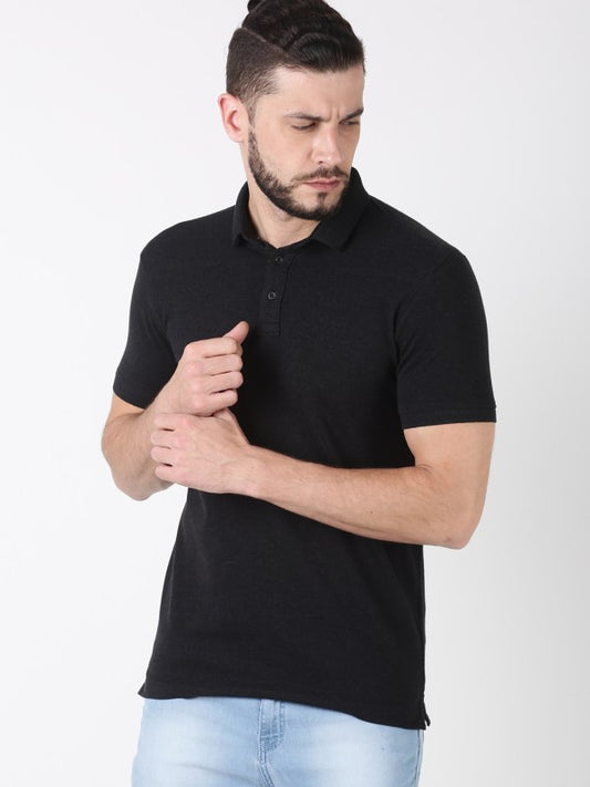 Men Plain Black Cotton Polo T-shirt