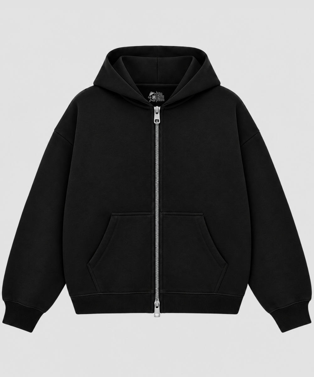 Black Boxy Double Zip Hoodie – 360 GSM Cotton Fleece