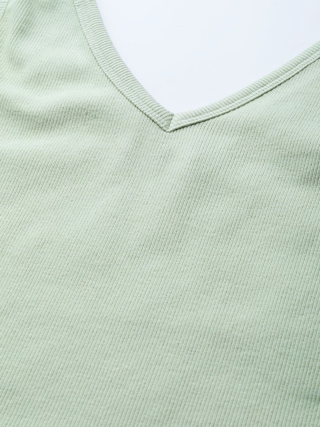 Women V-Neck Ribbed Fitted Green Crop Top