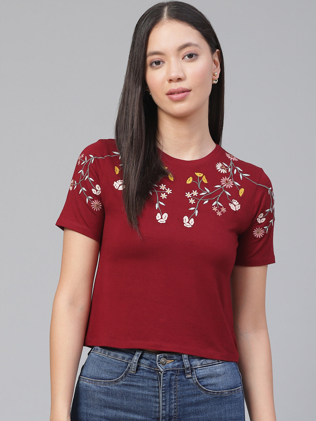 Women's Embroidered Maroon Crop Top