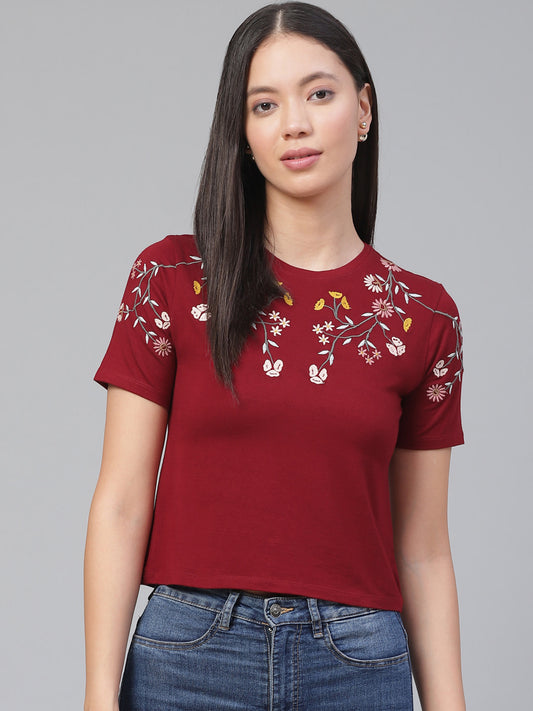 Women's Embroidered Maroon Crop Top