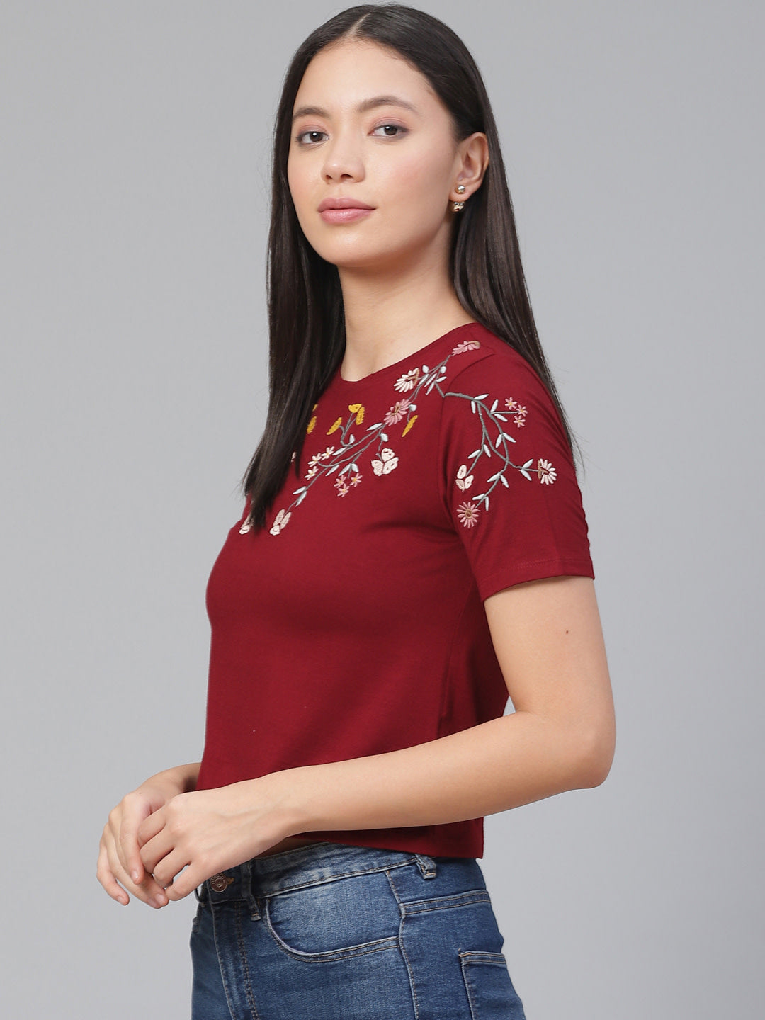 Women's Embroidered Maroon Crop Top