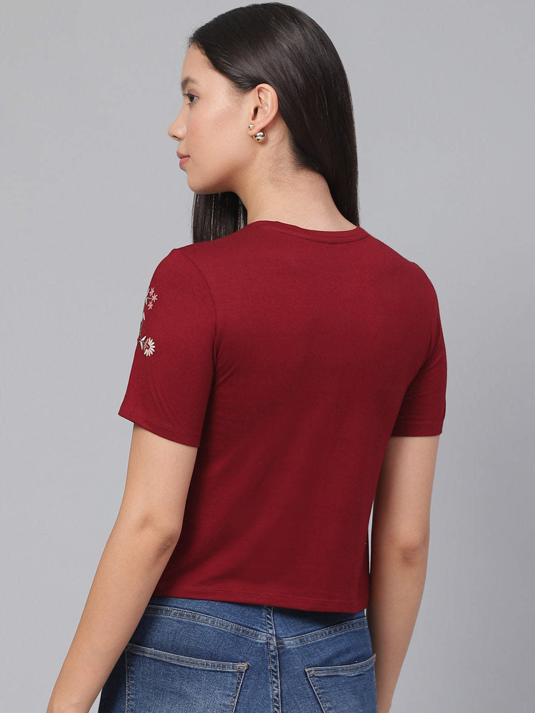 Women's Embroidered Maroon Crop Top