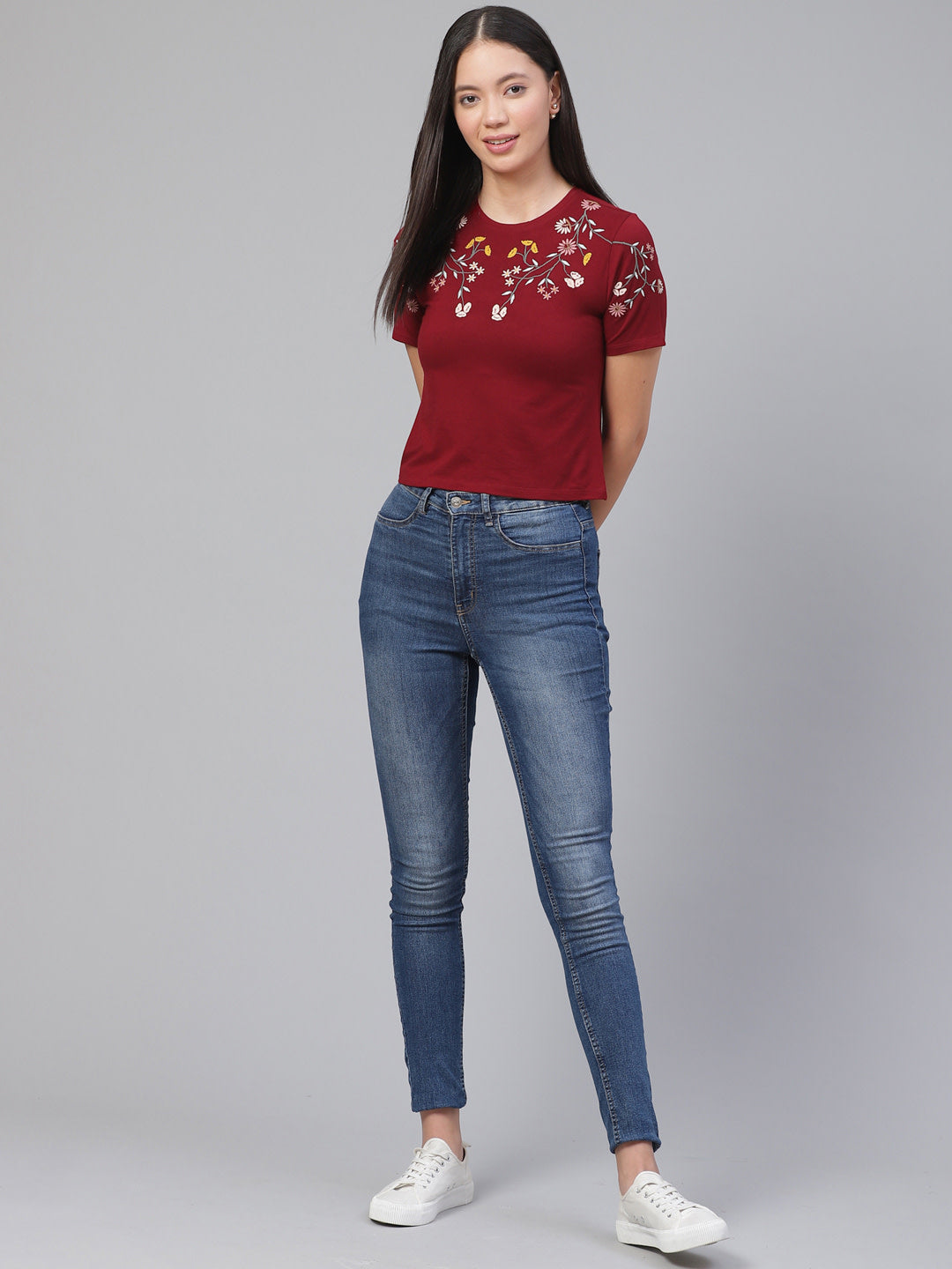 Women's Embroidered Maroon Crop Top