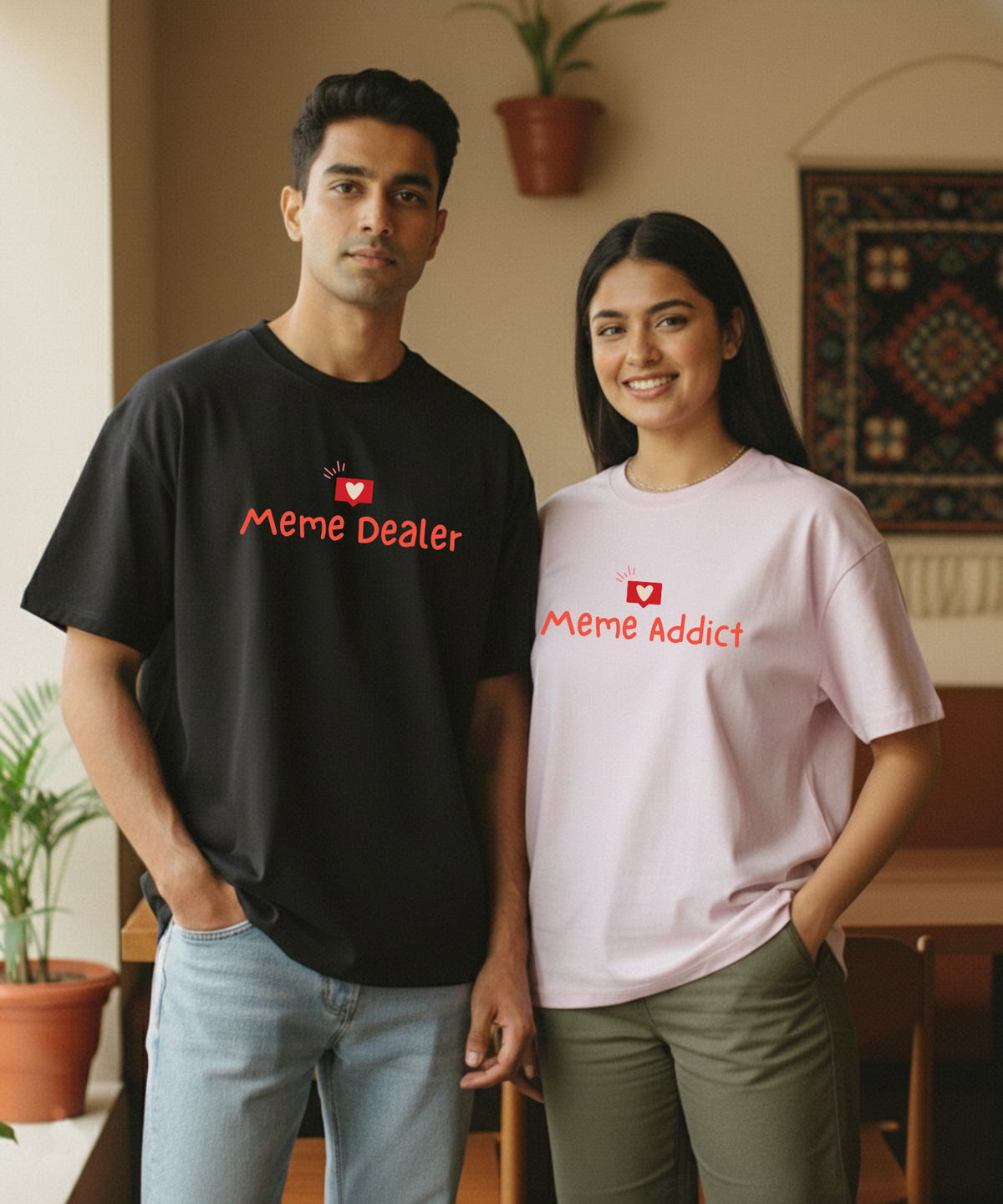 Meme Dealer / Meme Addict – Couple Oversized Fit T-shirts (Set of 2)
