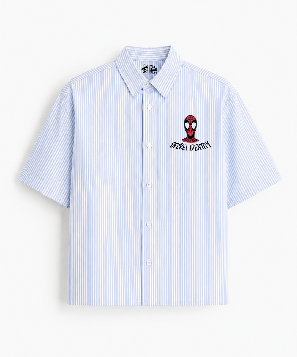 Secret Identity Spiderman Blue Striped Boxy Fit Half Sleeve Shirt