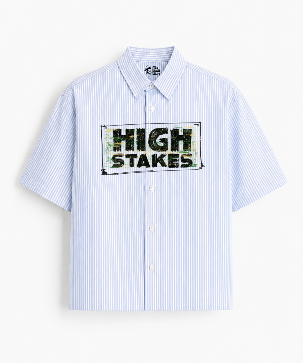 Money Is The Motive - Blue Striped Boxy Fit Half Sleeve Shirt