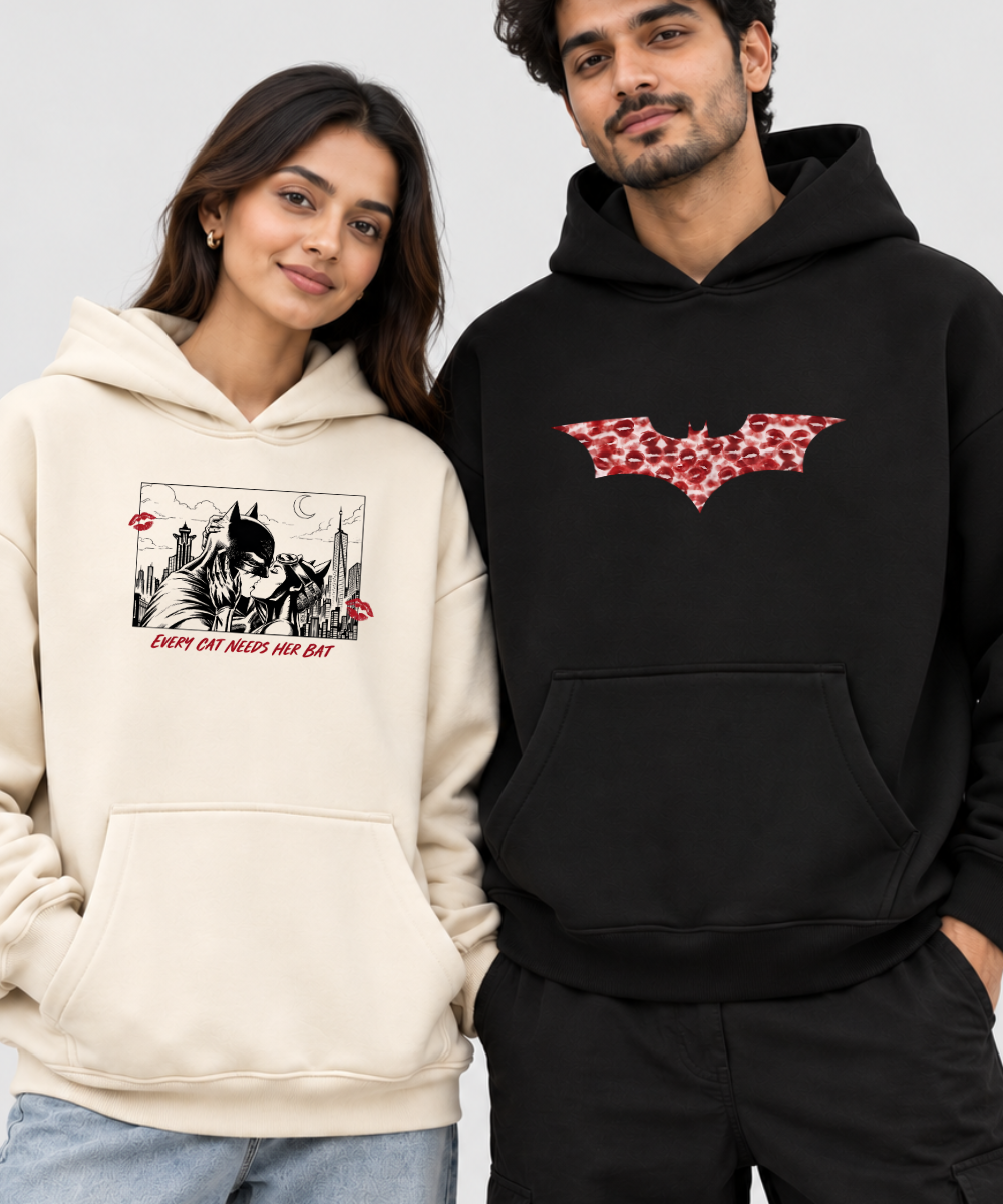 Every Cat Needs Her Bat / Batman – Couple Boxy Fit Hoodies (Set of 2) | 100% Cotton Fleece