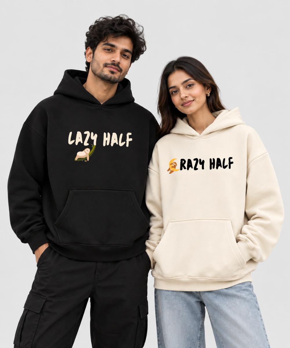 Lazy Half / Crazy Half – Couple Boxy Fit Hoodies (Set of 2) | 100% Cotton Fleece