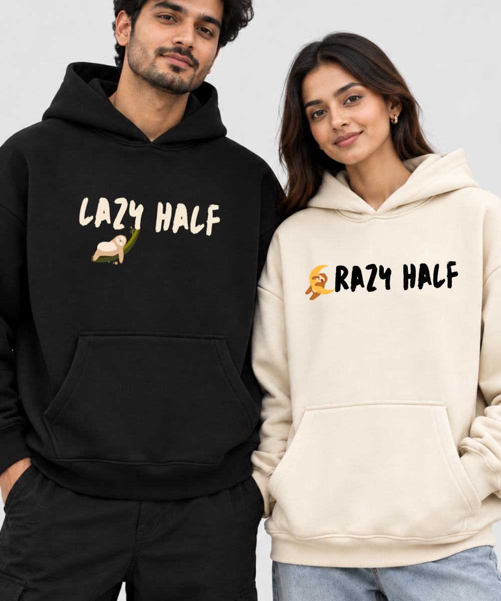 Lazy Half / Crazy Half – Couple Boxy Fit Hoodies (Set of 2) | 100% Cotton Fleece