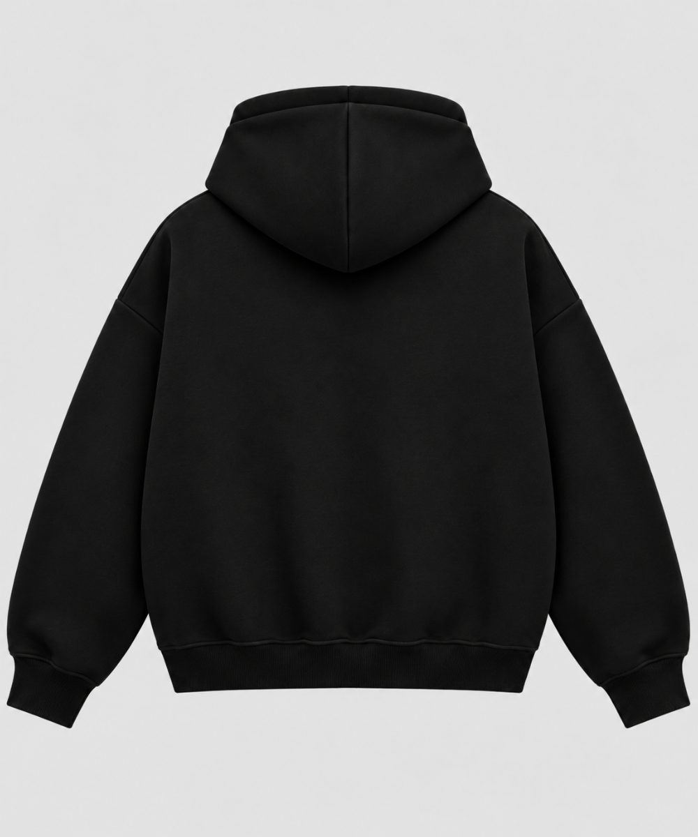 Black Boxy Double Zip Hoodie – 360 GSM Cotton Fleece