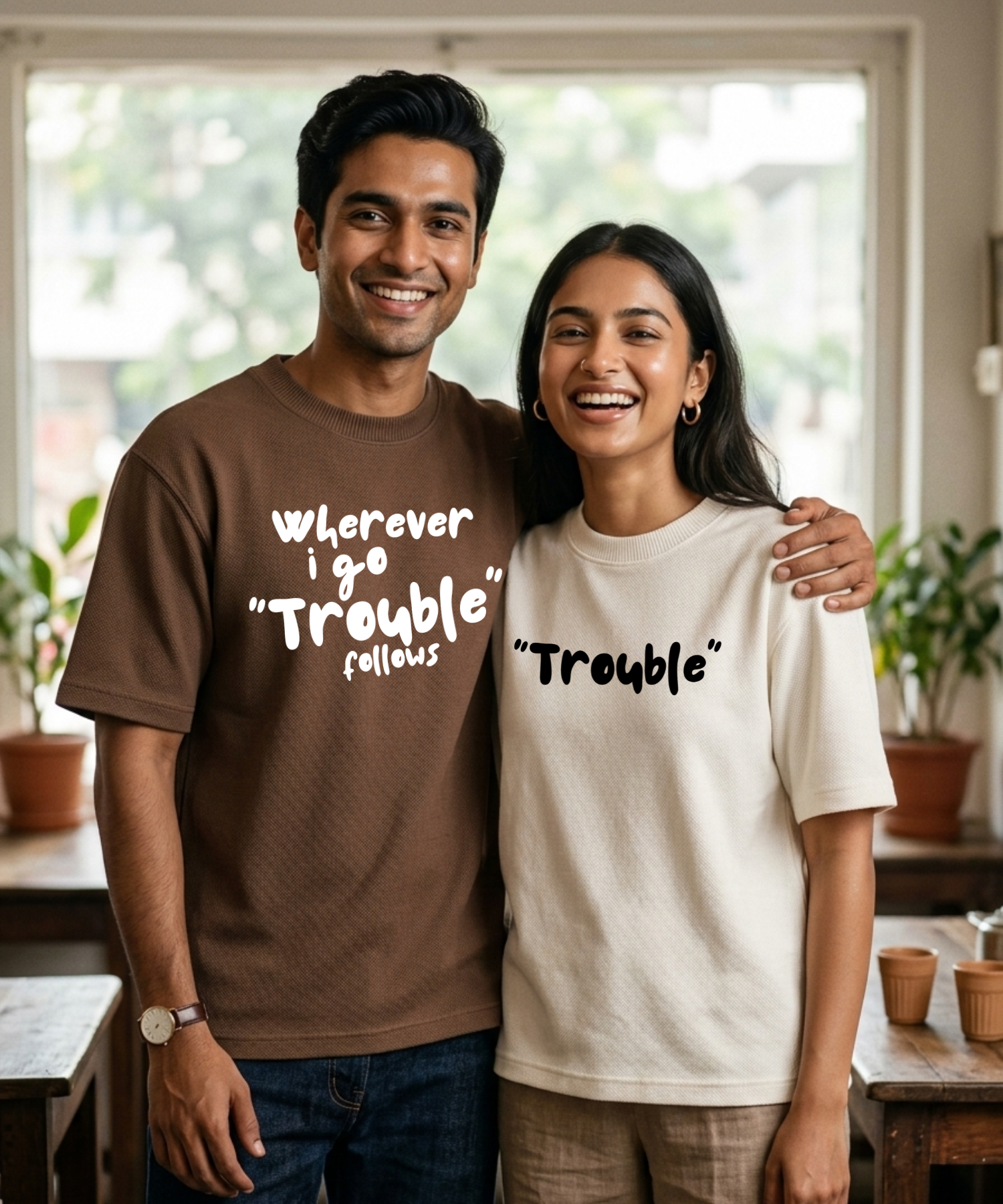 Wherever I Go Trouble Follows / Trouble – Couple Oversized Fit T-shirts (Set of 2)