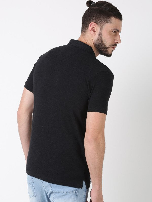 Men Plain Black Cotton Polo T-shirt