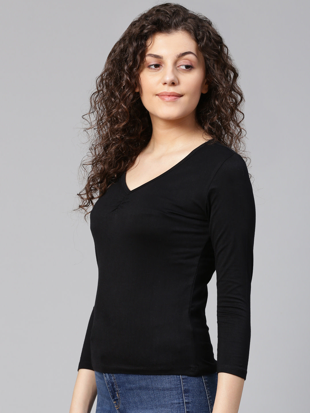 Women Solid Black V-Neck T-shirt